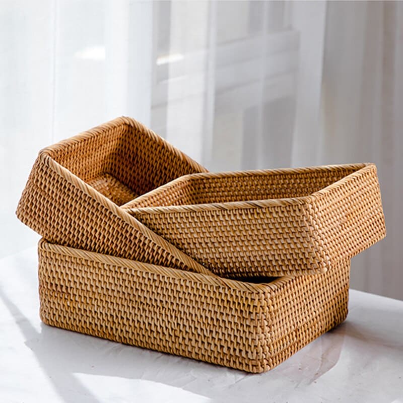 Cesto e Bandeja de Palha Rattan Feito a Mão Housetay