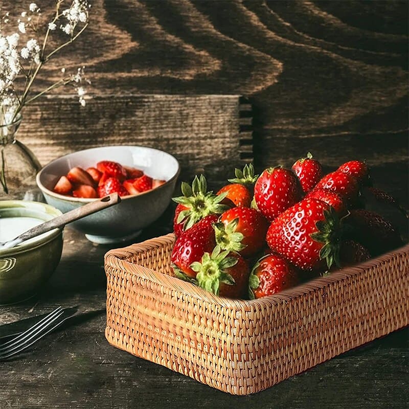 Cesto e Bandeja de Palha Rattan Feito a Mão Housetay