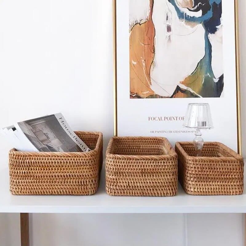 Cesto e Bandeja de Palha Rattan Feito a Mão Housetay